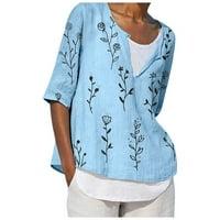 Кръгло деколте флорални блузи от свободното време върхове на лакътя мода за жени синьо 2xl