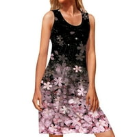 Жени лято ежедневни без ръкави флорални печат Екипаж Врат ли разхлабена рокля Boho Beach Mini Sundress Женска ежедневна рокля