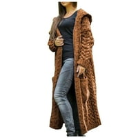 Cptfadh жени зимен солиден плътно плетено разхлабена качулка дълъг кардиган пуловер джобно палто