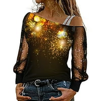 Жени модни топ блуза за пайети за печат с дълъг ръкав студена рамо риза разхлабена сплайс блуза отгоре