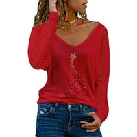 Топчета за кристали за дамски сладки графични печат блузи v Врат мрежести тениски с дълъг ръкав небрежни разхлабени ризи на пуловера
