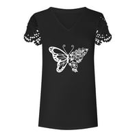 Uublik дамски летни върхове късо ръкав лято V-образно деколте пеперуда отпечатани върхове тениски дантела блуза с къс ръкав