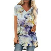 Женско модно ежедневно V-образно цветно цвете разхлабена ретро мастило рисуване с тениска с къс ръкав в горната блуза