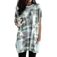 Strungten Fashion Womens Prints Splicing джобове дълга версия Небрежни къси ръкави Топ макси рокля за жени