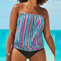 Ecqkame Womens Tankini Bouthing Костюми Два комплекта бански костюми Stripe Print Tummy Control Swimwear Beachwear Blue Clearance