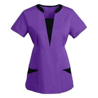 Shiusina дамски тениски с къс ръкав V-образни върхове работят равномерни плътни пачуърки Цветна джобна блуза лилаво