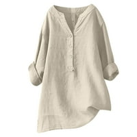 Големи памучни ленени върхове за жени бутон v шия с дълъг ръкав леки тениски блузи дамски летни есенни дрехи