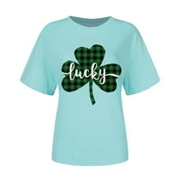 Модни дамски небрежни разхлабени кръгли шия късо ръкав St. Patrick's Day Print T- тениски върхове светлосини XXL