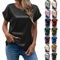 Дамски върхове женски тениска лятна елегантна солидна кръгла шия валцуван къс ръкав сатенен копринен блуза върхове