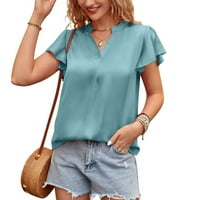 Дамски ризи женски модни ежедневни солисти v-nec с къс ръкав топ блуза небесно синьо s