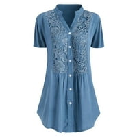 Модни дамски небрежни плюс размер дантела плътни къси ръкави v шия риза блуза върхове светло синьо m