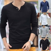 Мъжки тениски с дълъг ръкав памучен пуловер удобен бутон тънък долен риза Черен XL