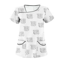 Графични отпечатъци с къс ръкав блуза работно облекло V-образно деколте за жени бели m