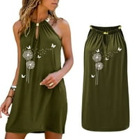 Рокли ръкав на глезена отпечатана отпечатана слънчева рокля с v-образно деколте зелено s