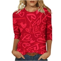 Ризи за Свети Валентин за жените модни модни отпечатани разхлабени тениски ръкави блуза кръгла шия ежедневни върхове горещо розово