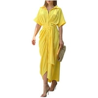 Gaiseeis женски късо ръкав с една рокля с висока талия на талията с редица с колан жълт xl