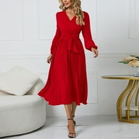 Рокли за жени Лятна ежедневна рокля Солидна V-образно деколте рокля с дълъг ръкав под коляното тънко прилепване рокли червено