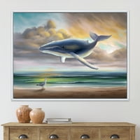Дизайнарт 'кит, плаващ в небето над плажа' детско изкуство в рамка платно за стена арт принт