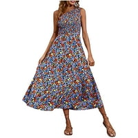 FESFESFES пролетни рокли за жени флорални отпечатъци с едно рамо бохо рокля ежедневна без ръкави пушена тежка рокля с рокля a-line