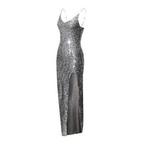 Женски рокли лято -sleeveless спагети каишка секси странична цепка абитуриентска рокля, сребърна m